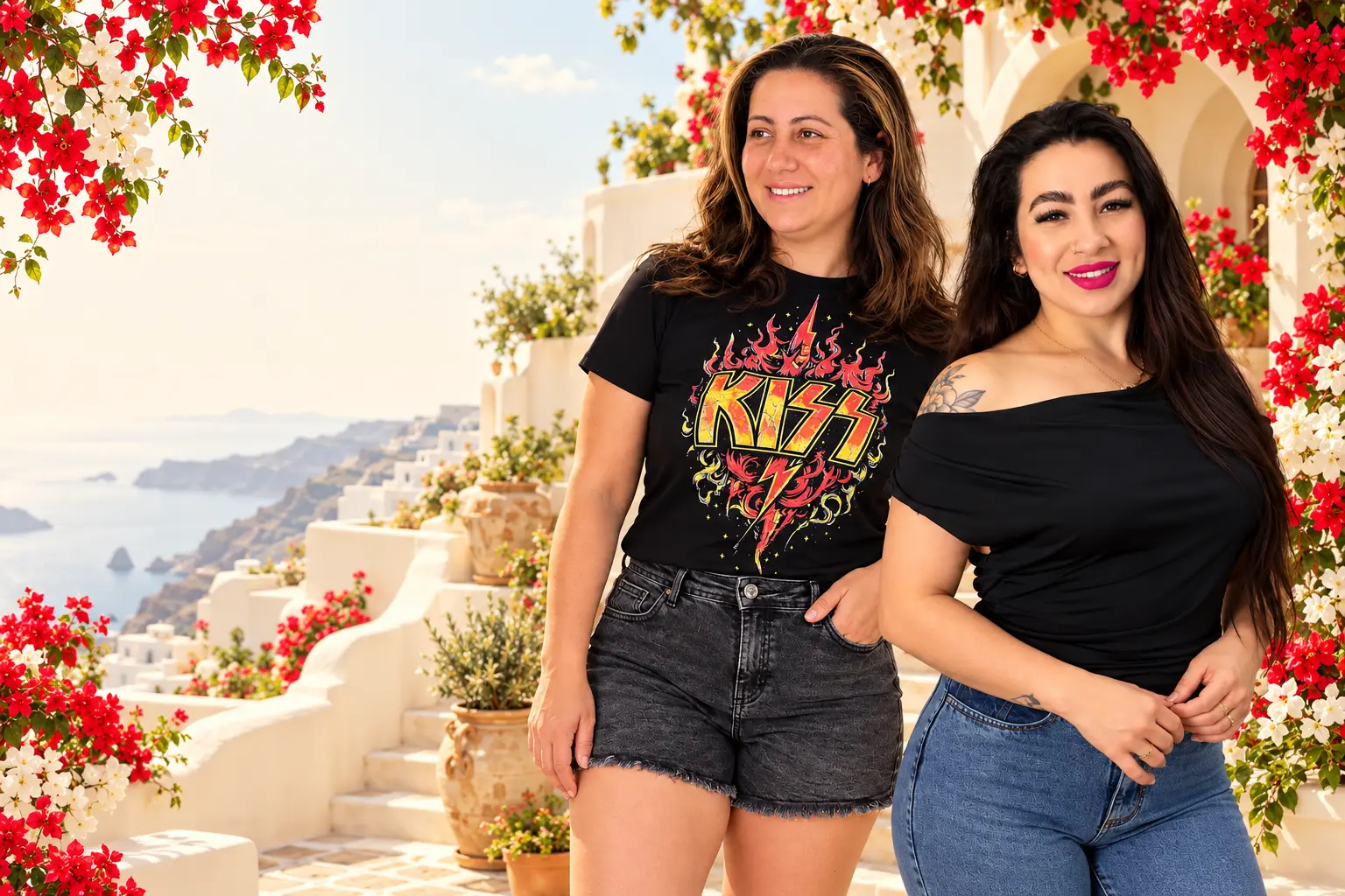 Camiseta KISS e blusa preta, em duas modelos diferentes